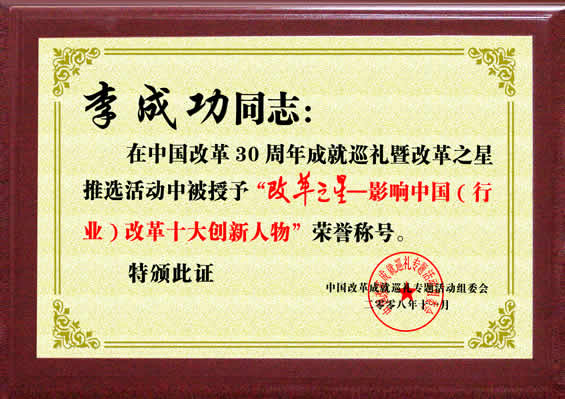 “改革之星--影響中國（行業）改革十大創新人物”榮譽稱號