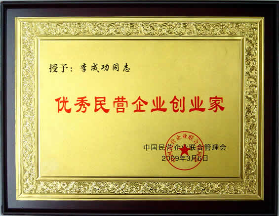“優秀民營企業創業家”榮譽證書
