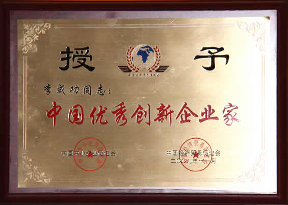 “中國優秀創新企業家”榮譽證書